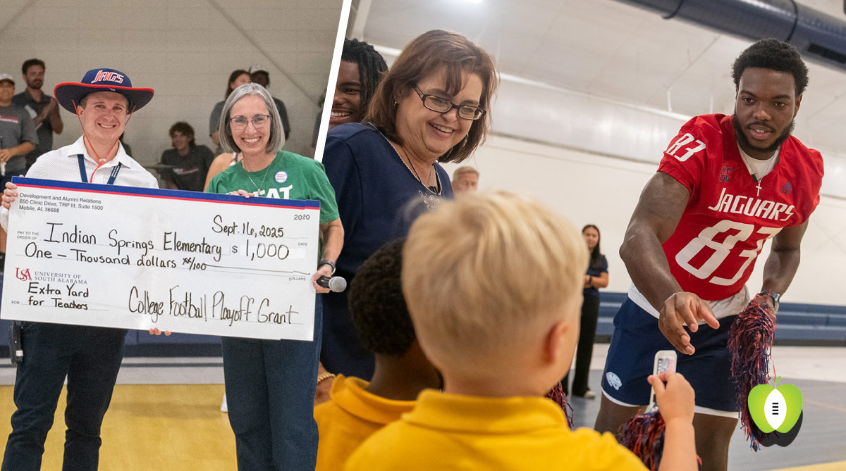 Teacher holding check and football player speaking to kids
