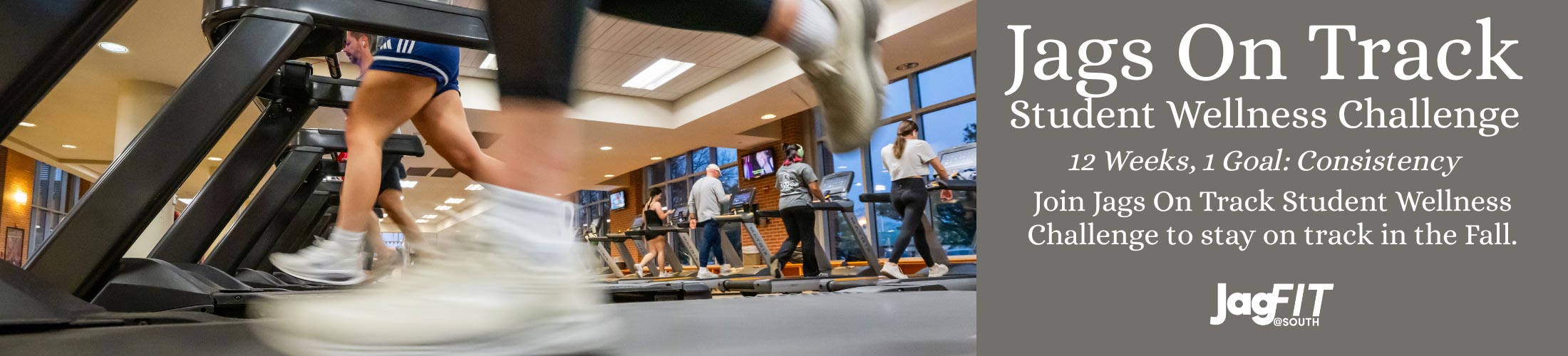 Jags on Track - Student Wellness Challenge 12 weeks 1 goal Consistency. Join Jags on Track Student Wellness Challenge to stay on track in the Fall.