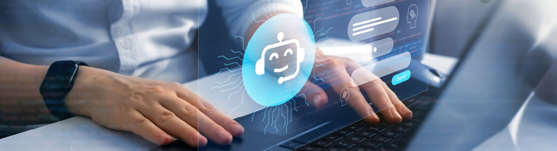 Hands typing on laptop with pop up image of activity.