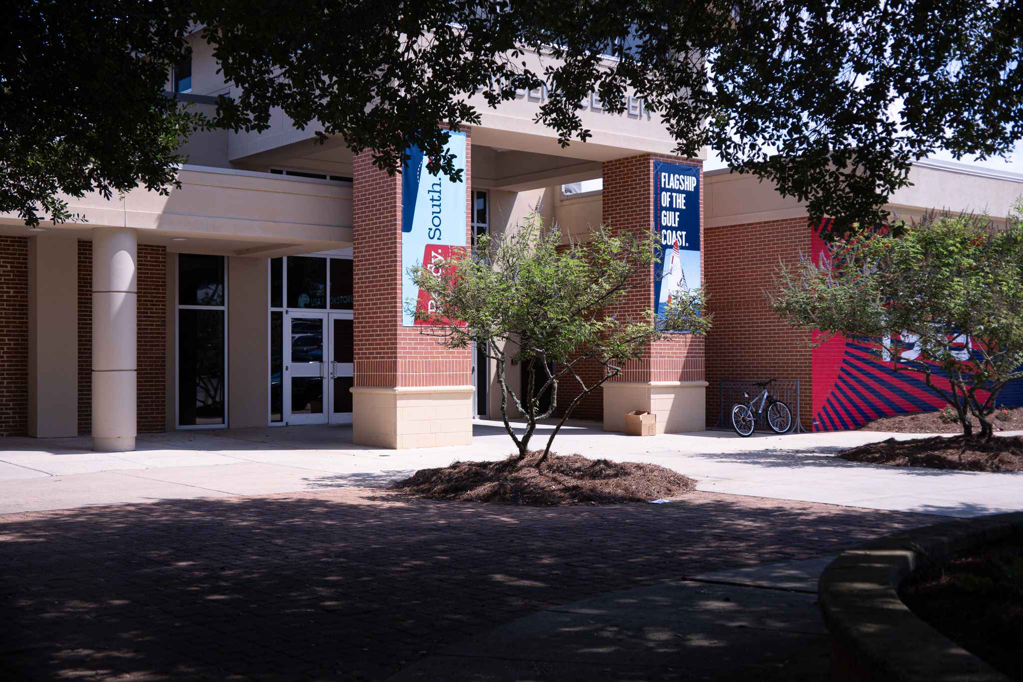 Front of student center view from underneath trees