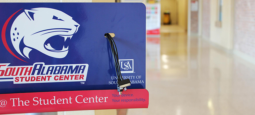 student center charging station with reminder--your device, your responsibility