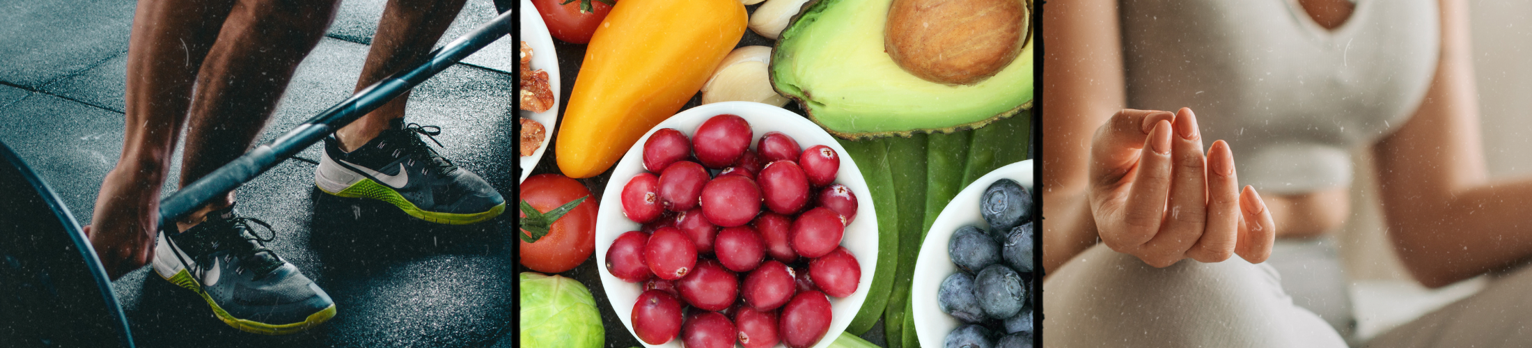 Image with person liftin a barbell, fruit and vegetables, and person meditating.